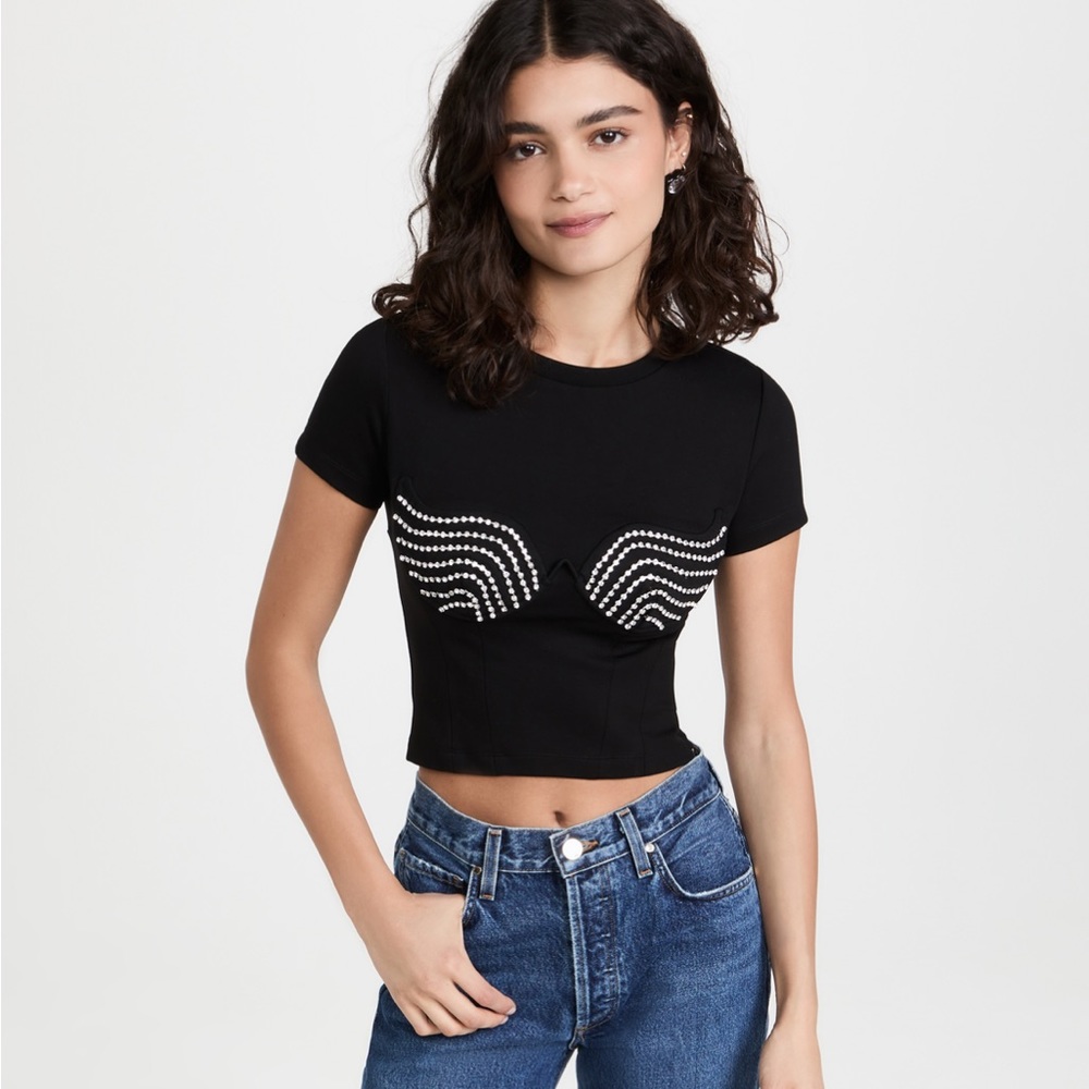 AREA NYC Black Crystal Bustier Tee Top Embellished T-Shirt NWT